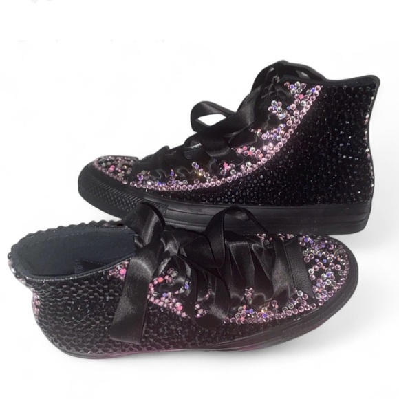 Jet Black & Pink Crystal High Top Converse Sizes 5-14 New In Box - Picture 4 of 13